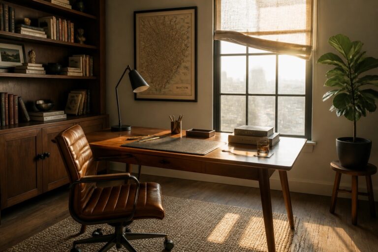 22 Timeless Masculine Home Office Ideas That Never Go Out of Style A home office featuring a wooden desk with a brown leather swivel chair positioned in front of a large window.