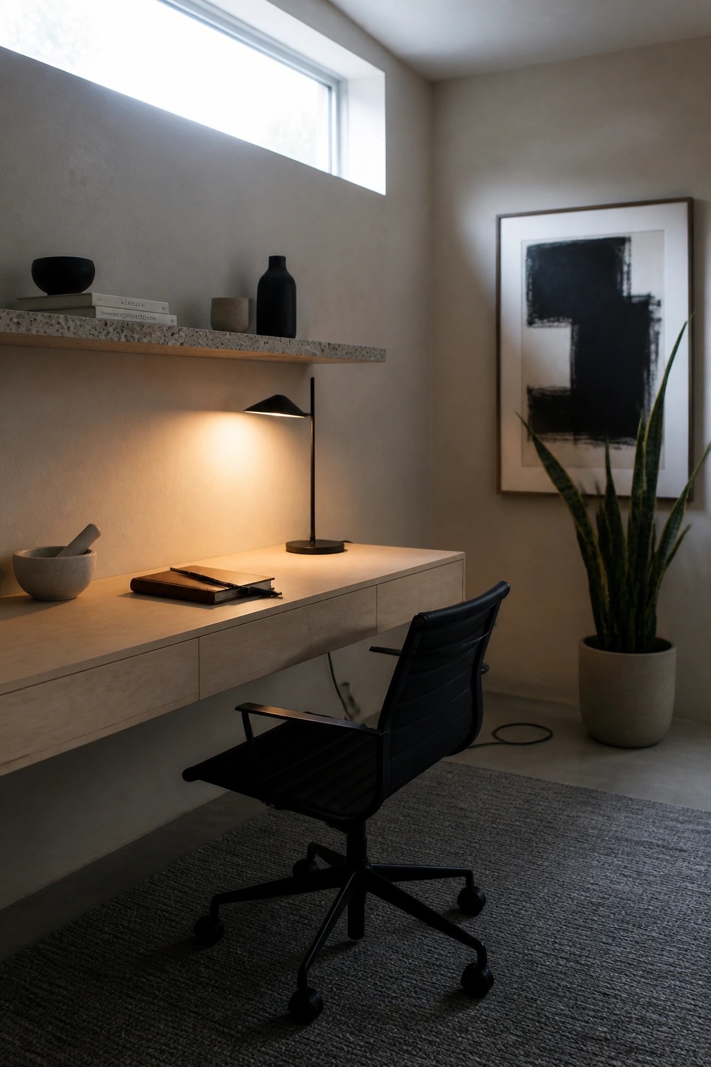 A light wood floating desk mounted on a plain wall with a black office chair in front, a narrow shelf above holding books and a few small objects, and a potted snake plant to the right.