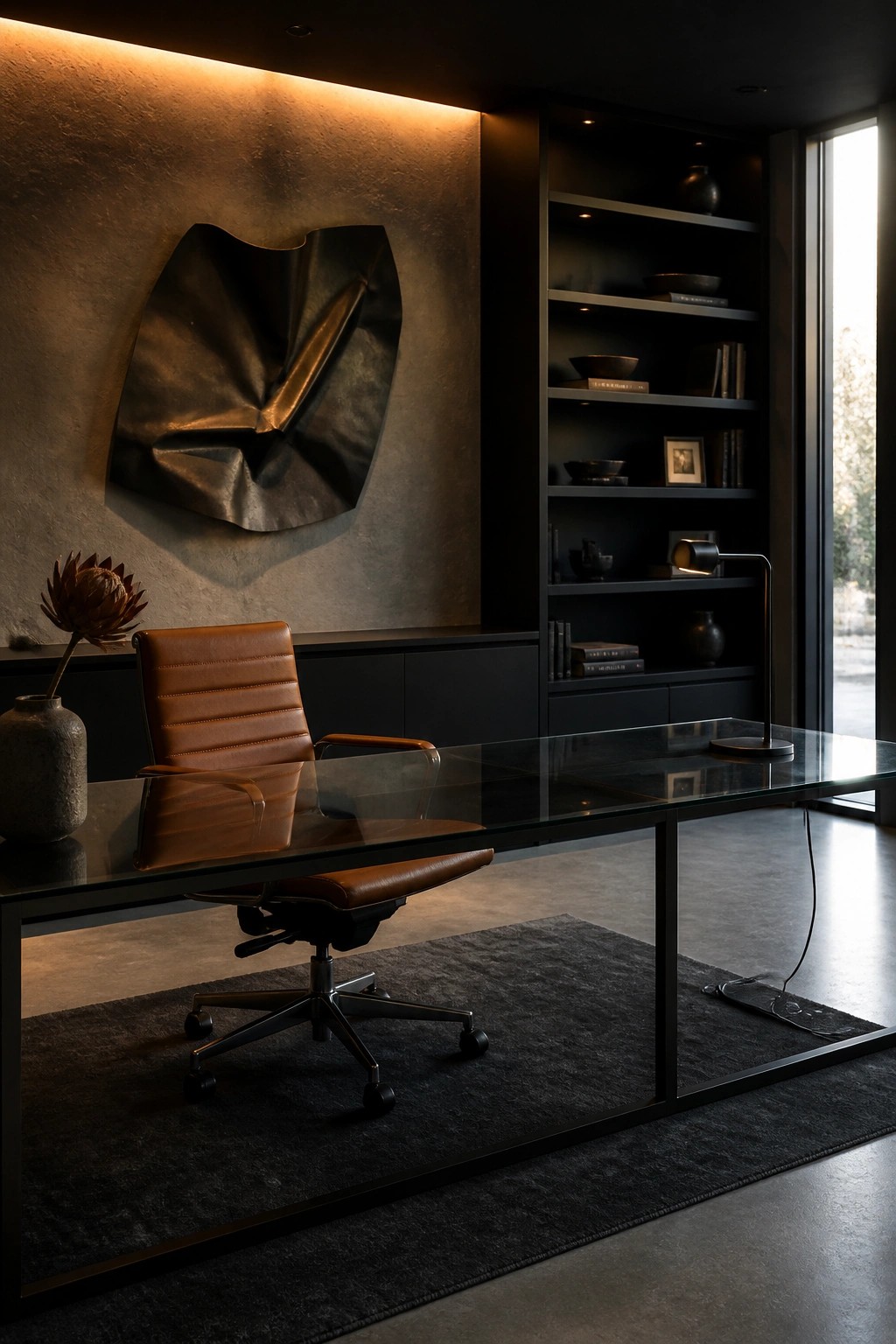 A modern home office with a glass desk, brown leather swivel chair, dark built-in shelving, and a large metallic wall sculpture on a textured back wall.