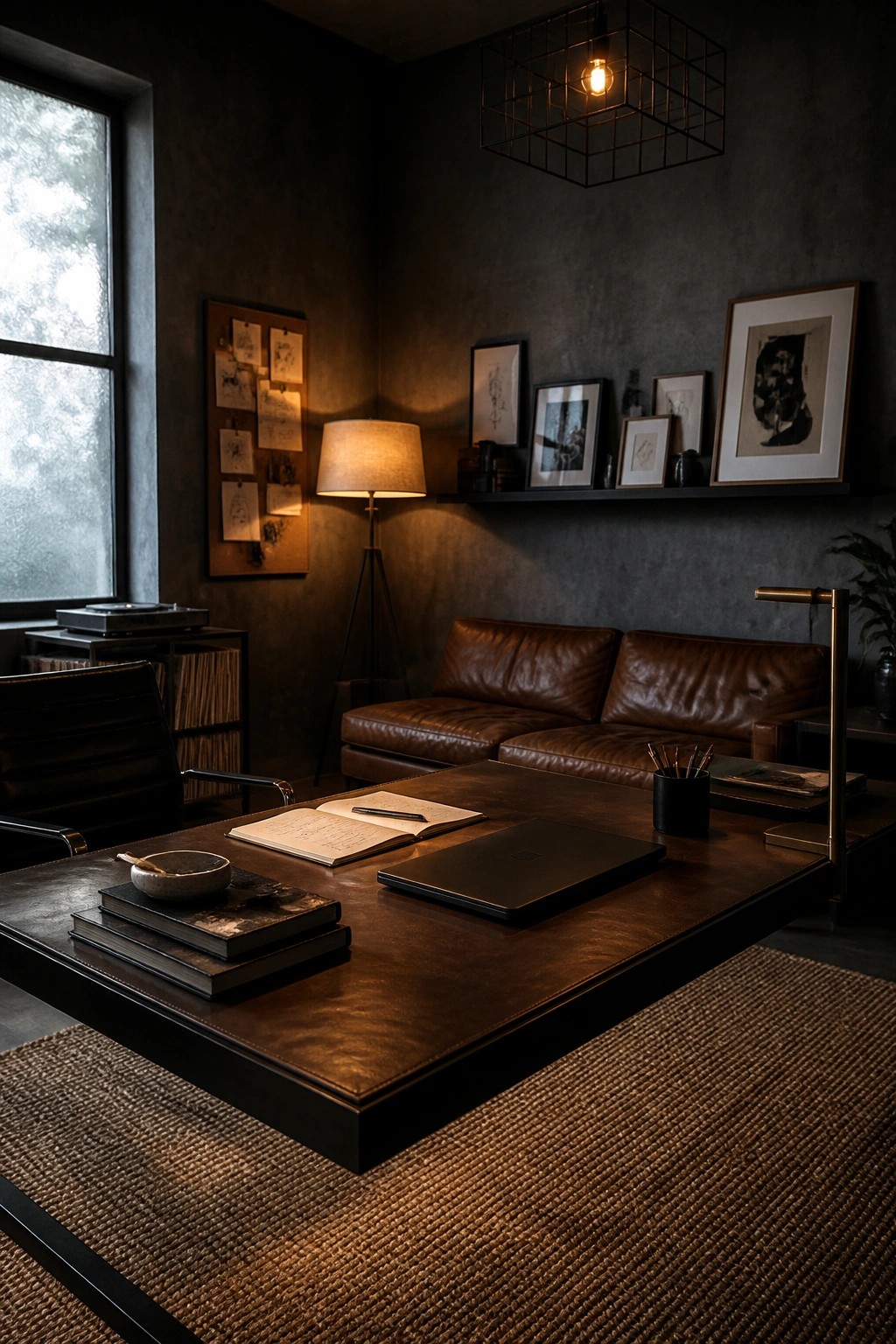 A dark home office with a large leather-topped desk, brown leather sofa, floor lamp, and framed art on the wall.