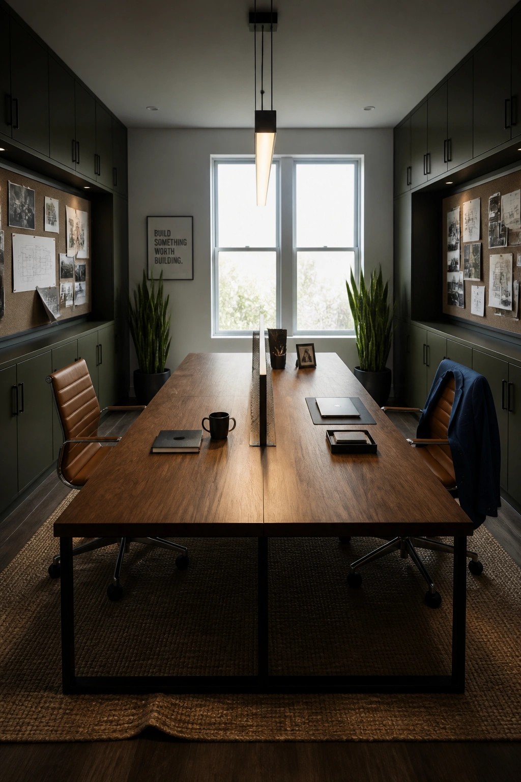 A long wooden table centered in a home office with leather chairs on both sides, dark green built-in cabinets, and a large window at the far end.