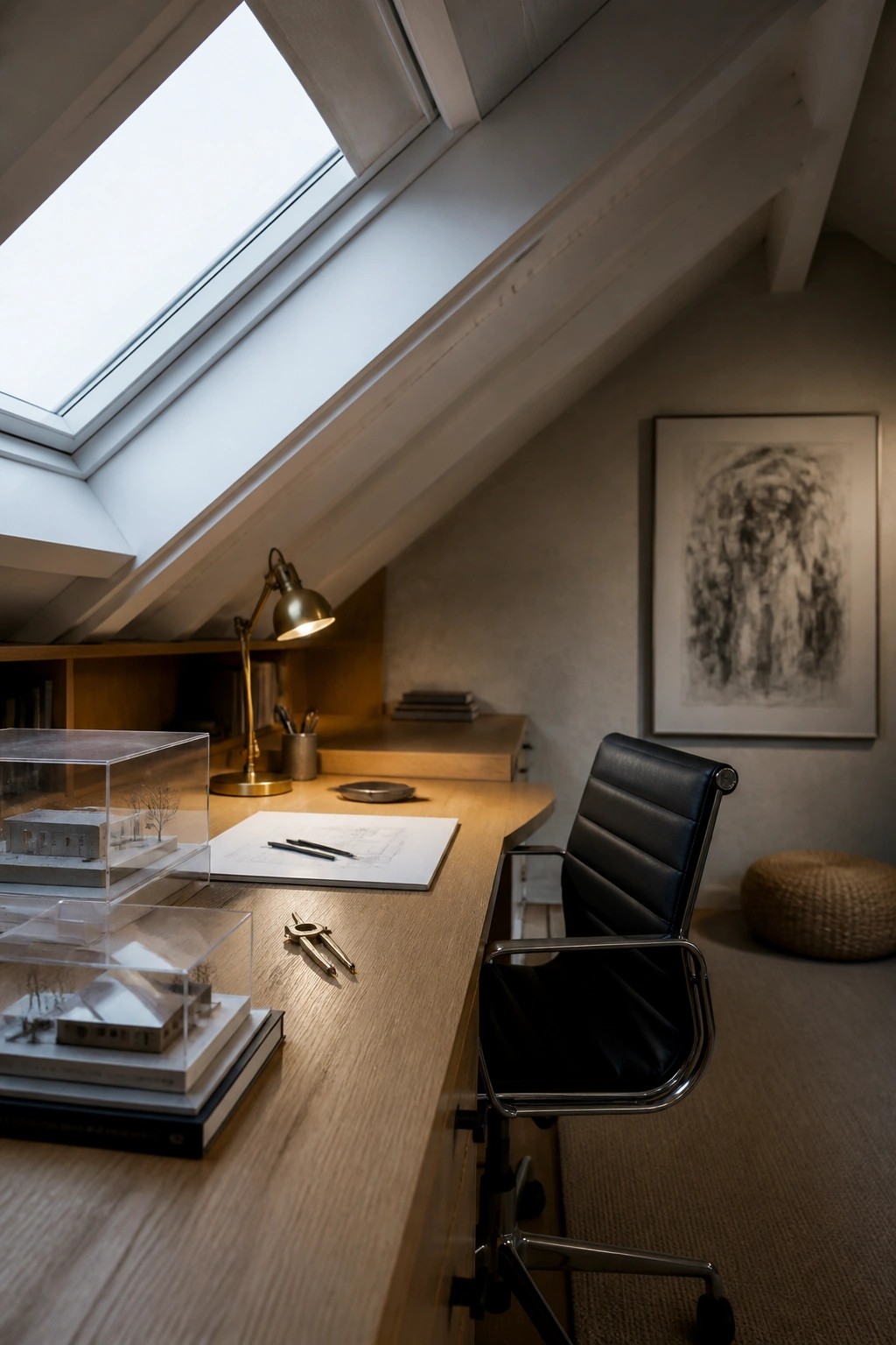An attic home office featuring a wooden desk positioned beneath a large skylight, with a black leather office chair, architectural models, and a framed drawing on the wall.