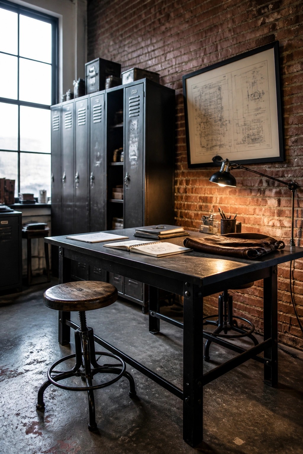Industrial black desk with wooden stool, notebooks, and lamp against red brick wall with lockers