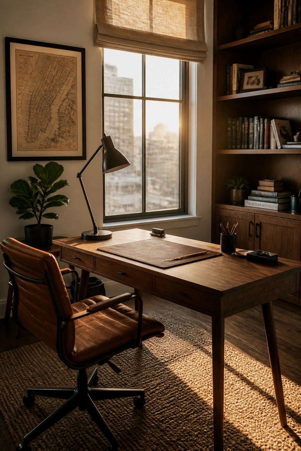 A home office featuring a wooden desk with a brown leather swivel chair positioned in front of a large window.
