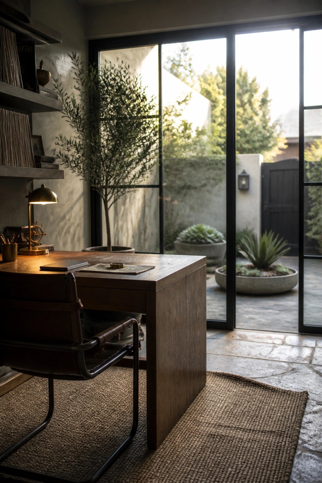 A wooden desk with a leather chair faces large glass doors that open to a stone patio with potted plants.