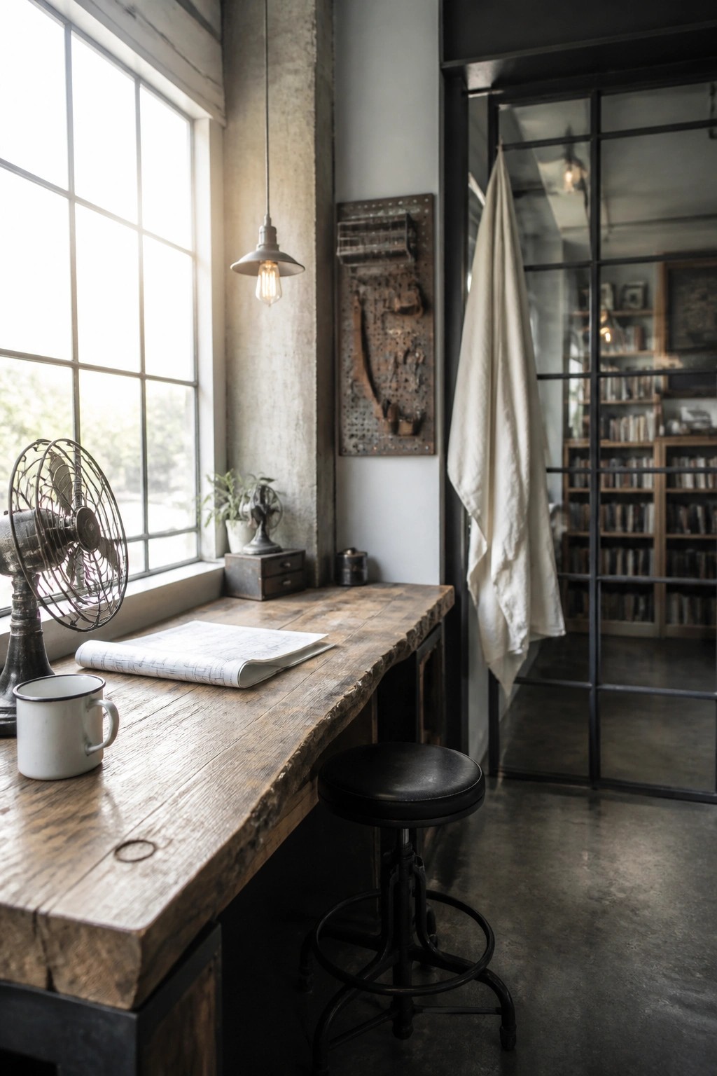 A rustic wooden desk with a black metal stool, white mug, and rolled blueprints sits beneath a large window in an industrial-style room.