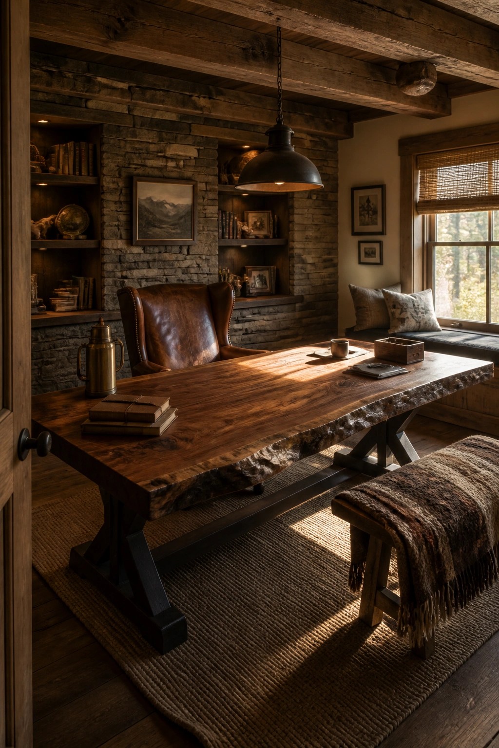 A large live-edge wooden desk with a dark trestle base sits on a woven rug in a rustic home office with stone walls and a brown leather chair.