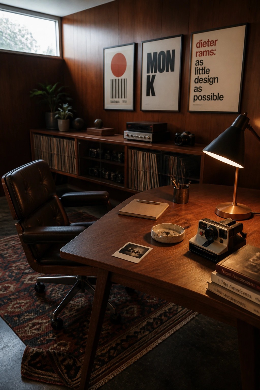 A home office with dark wood paneling, a wooden desk, brown leather chair, desk lamp, and framed art on the wall.