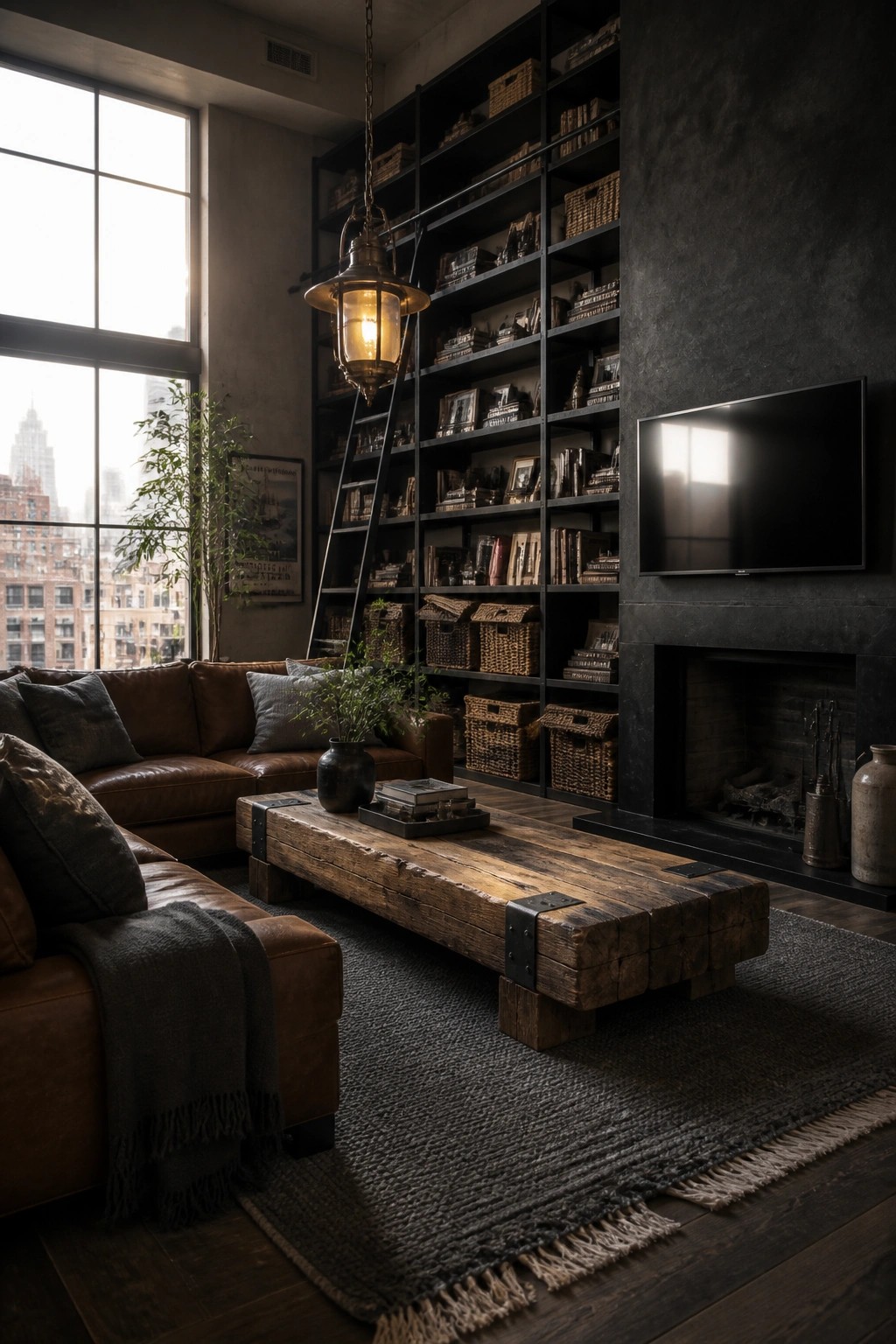 Rustic living room with leather sofa, wooden table, bookshelves, fireplace, and large window