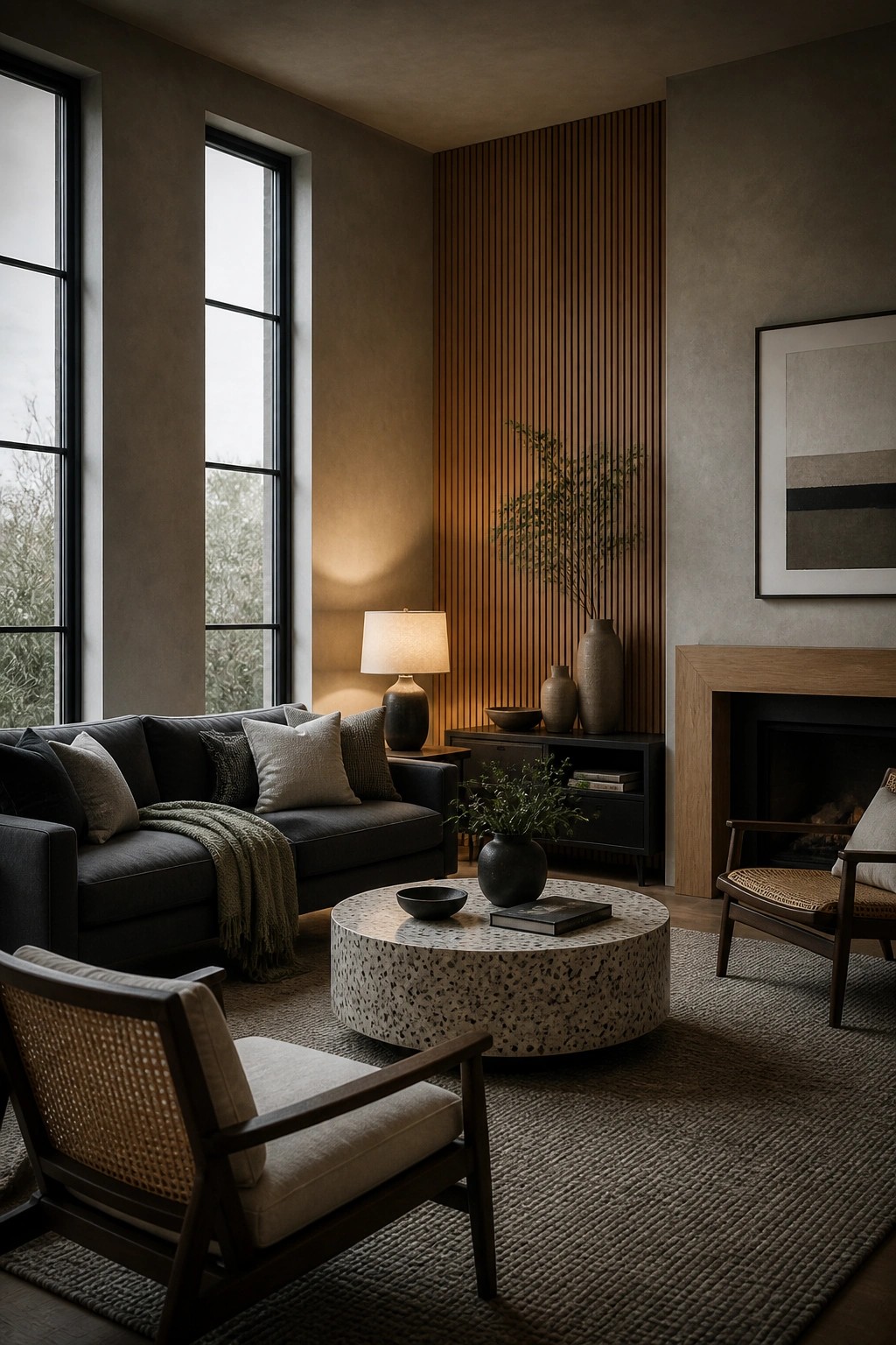 Contemporary living room with dark sofa, woven chairs, terrazzo table, and fireplace