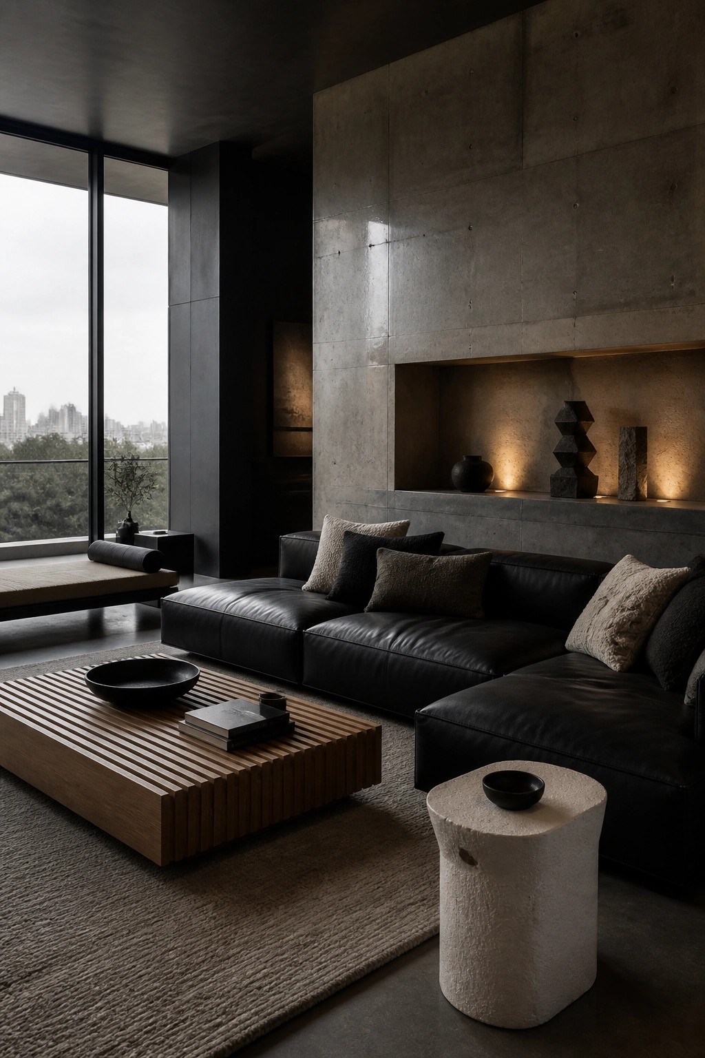 A modern living room with a black leather sectional sofa against a gray concrete wall that has a recessed lit niche holding dark vases and sculptures, a wooden slatted coffee table on a rug, and large windows on the left.