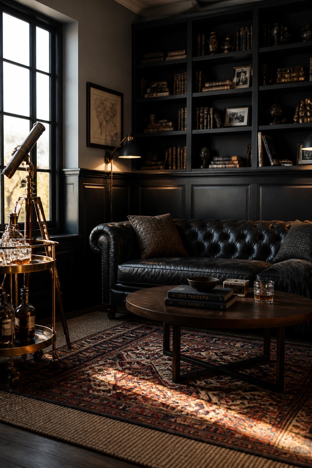 Dark living room with black built-in bookshelves, a black leather sofa, wooden coffee table, and patterned rug.
