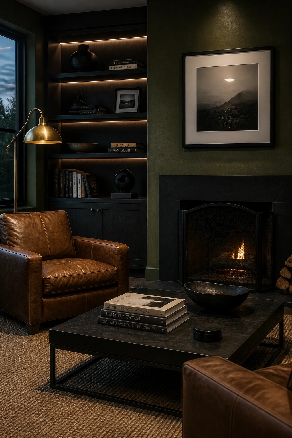 A living room with a brown leather armchair, dark built-in shelves with LED lighting, a lit fireplace, and a black coffee table holding photography books.