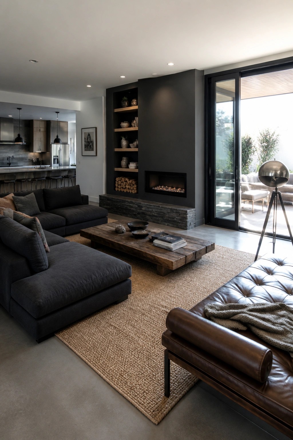 A contemporary living room featuring a dark gray feature wall with built-in wooden shelves beside a modern fireplace, a dark sectional sofa, a rustic wood coffee table on a jute rug, and a brown leather chaise in the foreground.