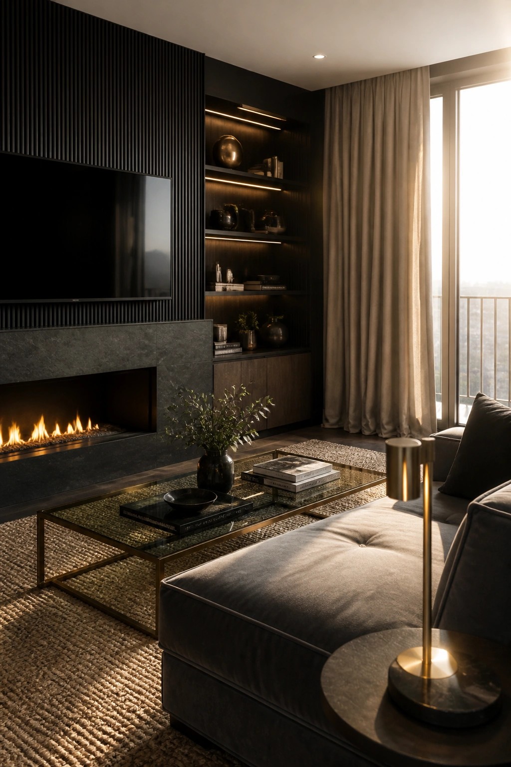A contemporary living room with a dark built-in wall unit featuring a fireplace, television, and illuminated shelves, next to a large window with beige curtains and a dark sectional sofa in the foreground.