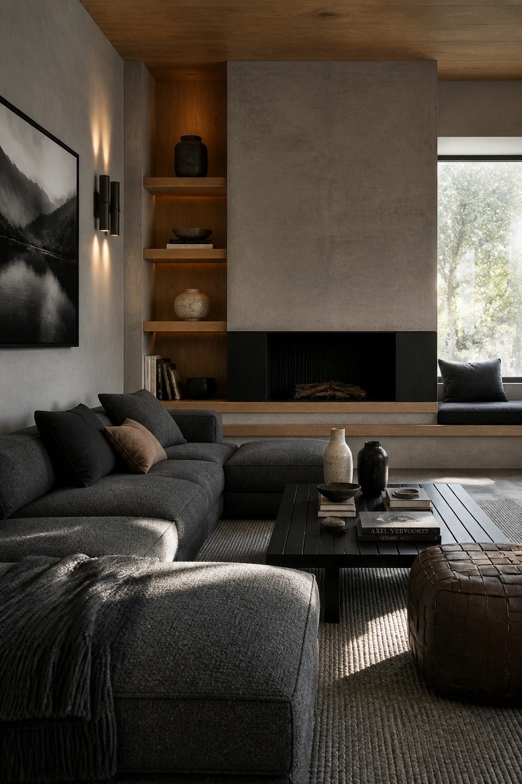 Modern living room with dark sectional sofa, concrete fireplace, and wooden shelves
