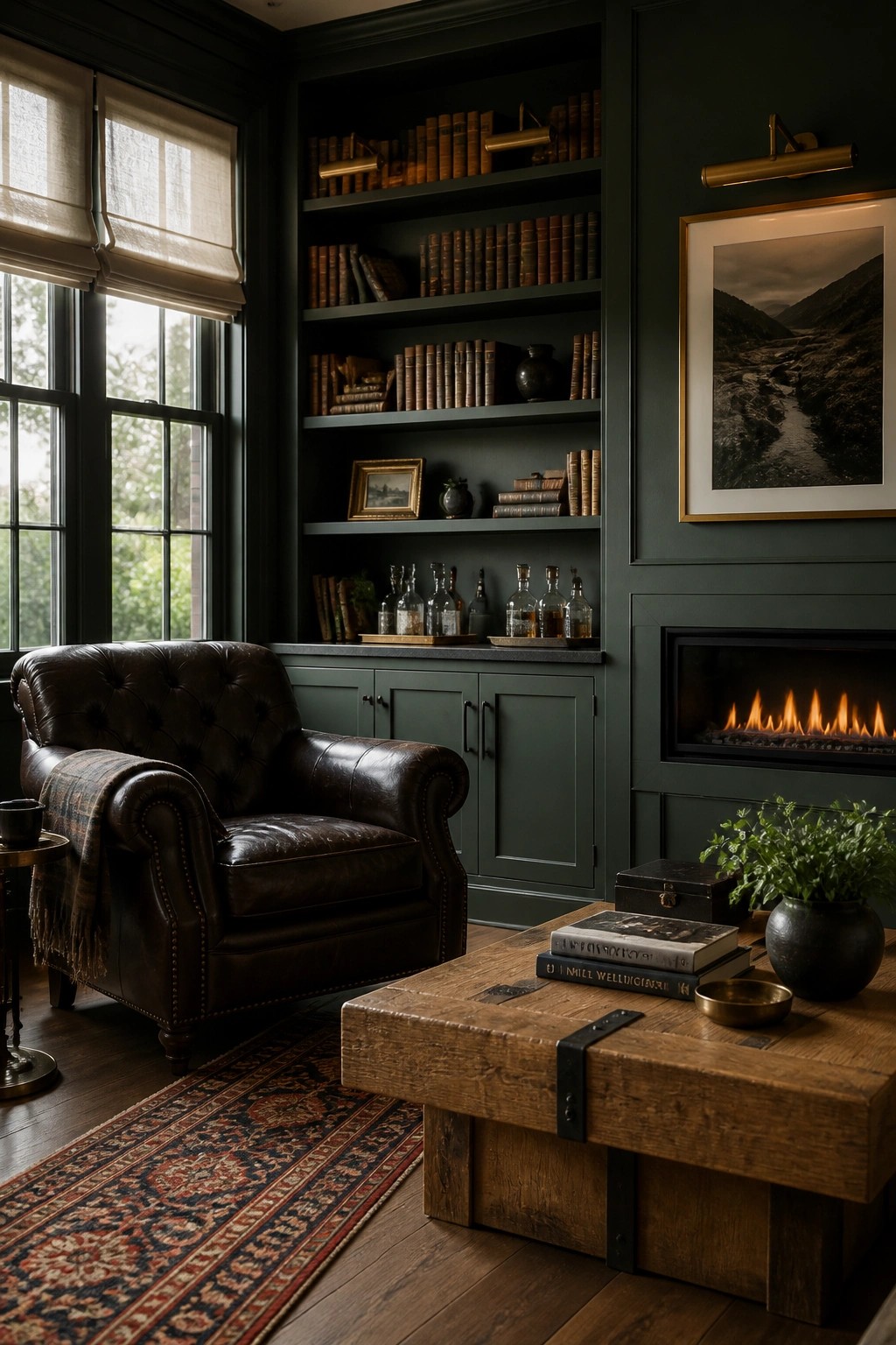 Dark green study with leather armchair, bookshelves, fireplace, and wooden coffee table
