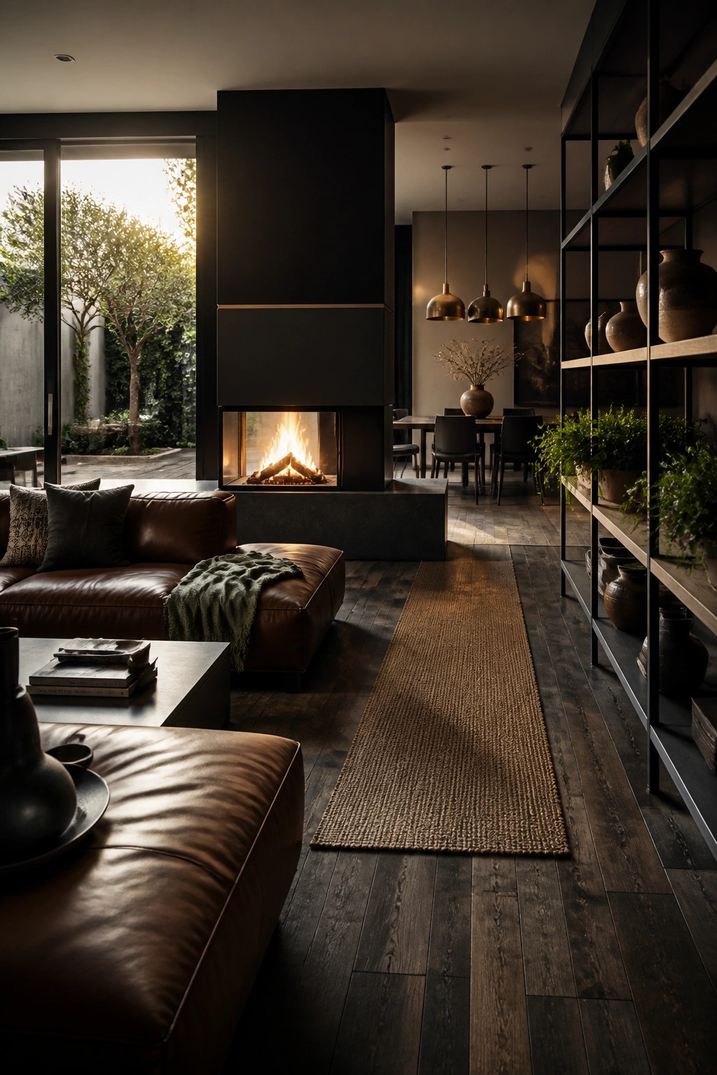 Modern living room with leather sofa, fireplace, runner rug, and tall shelves.