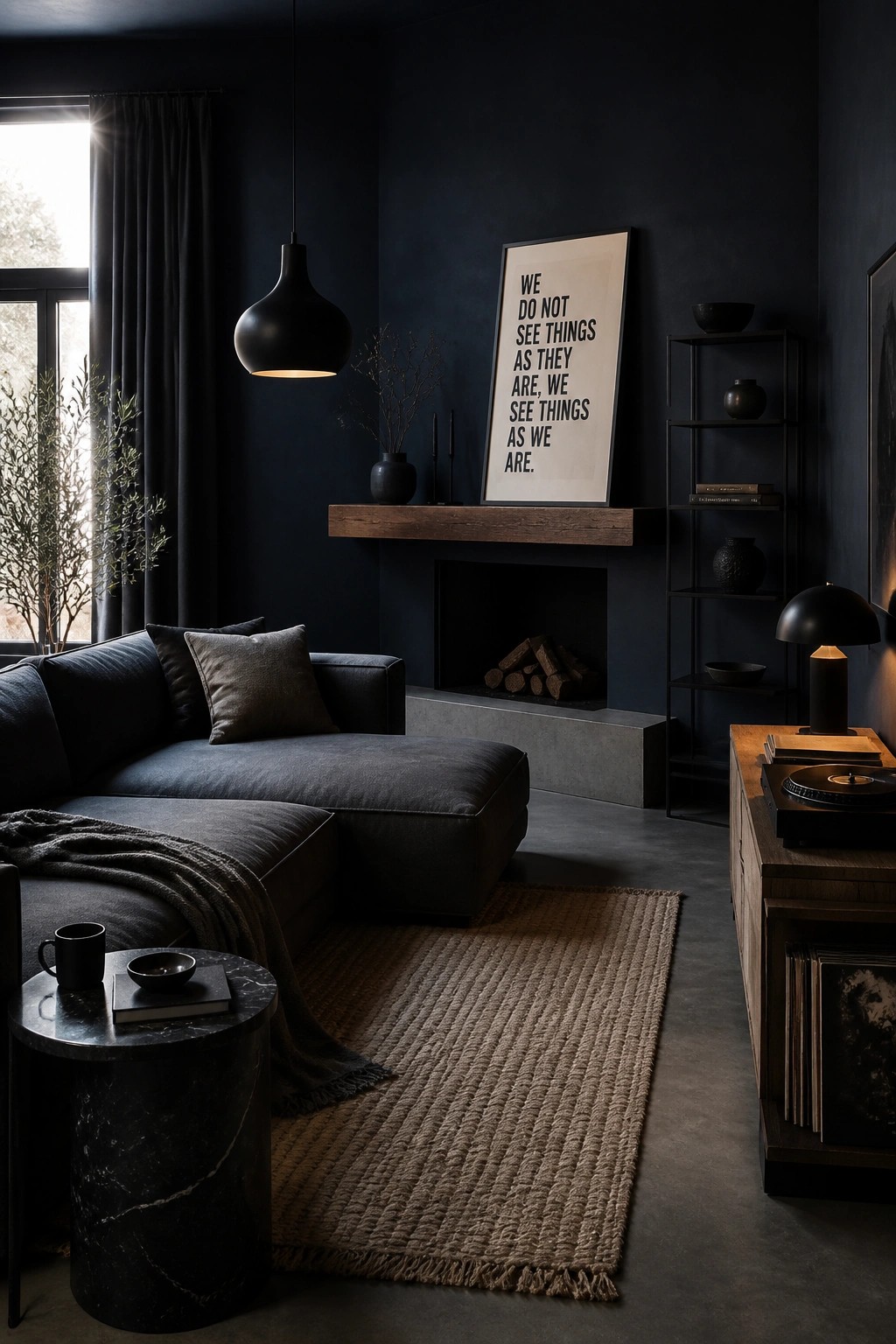 A dark living room with navy walls, a gray sectional sofa, a fireplace with a wooden mantel, and a large framed quote above it.