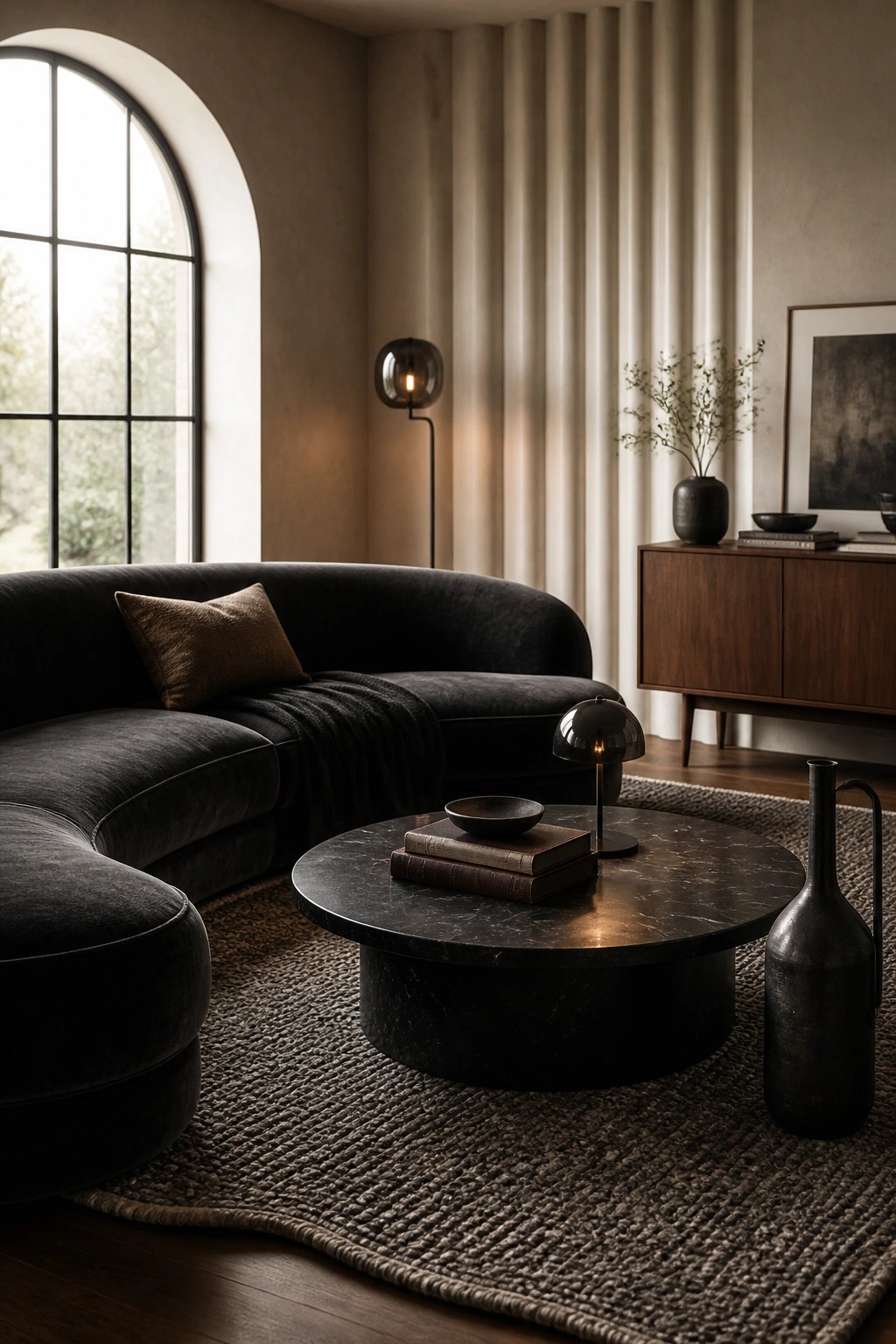 A living room with a large curved dark sofa, round black marble coffee table on a woven rug, and an arched window on the left side.