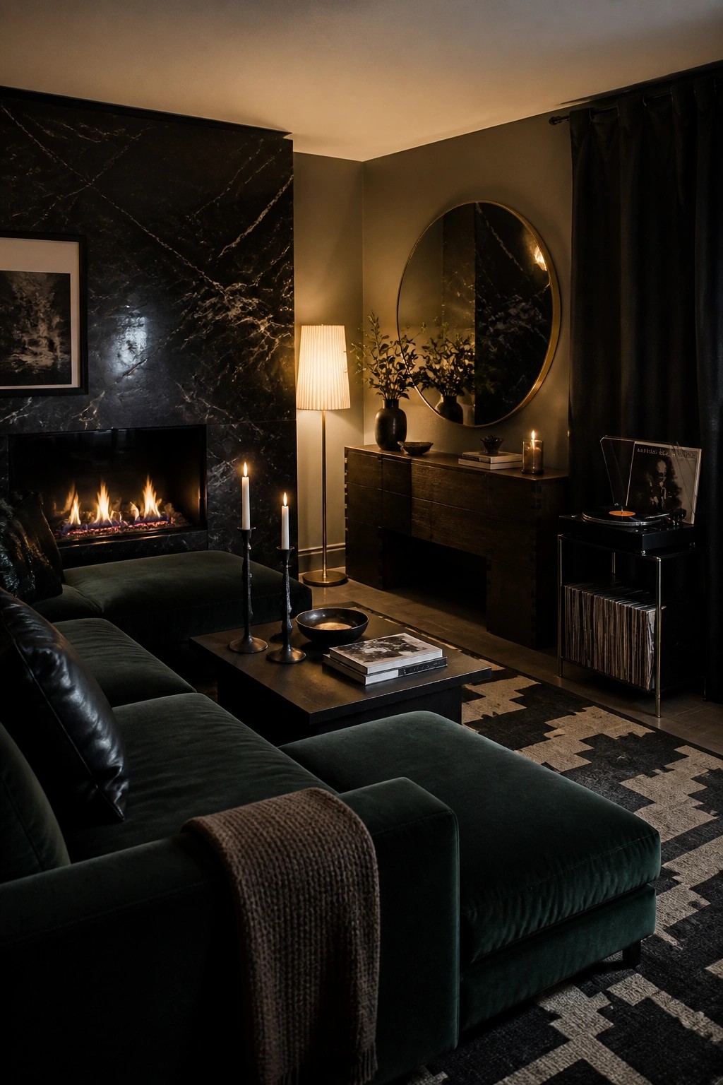 A living room with a black marble fireplace wall, dark green velvet sofa and ottoman, dark wood console, round mirror, and a record player stand on a patterned rug.