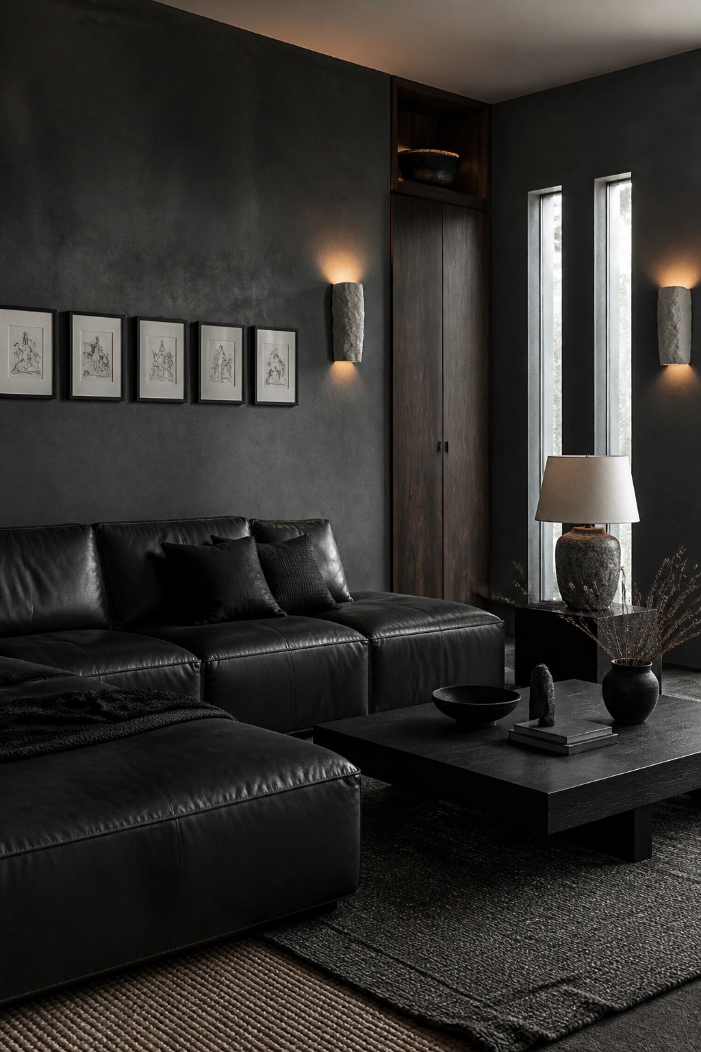 Black leather sectional sofa in dark minimalist living room with art and sconces