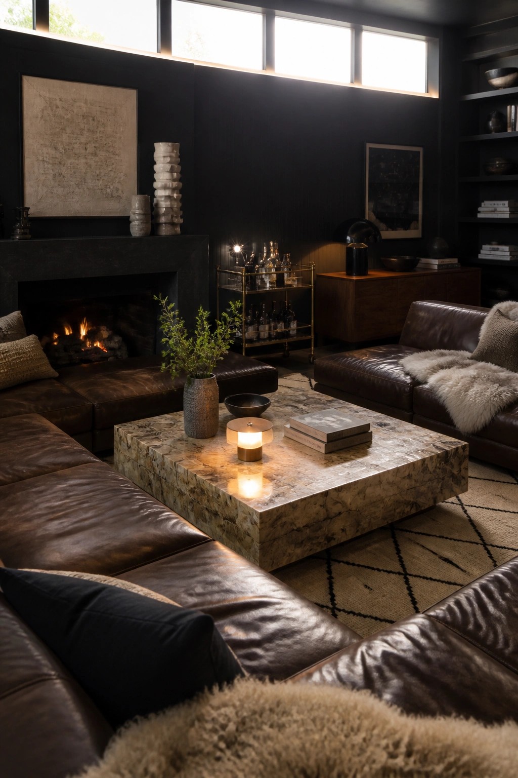 A modern living room with dark walls, brown leather sectional sofas, a large marble coffee table, a fireplace, and a bar cart.
