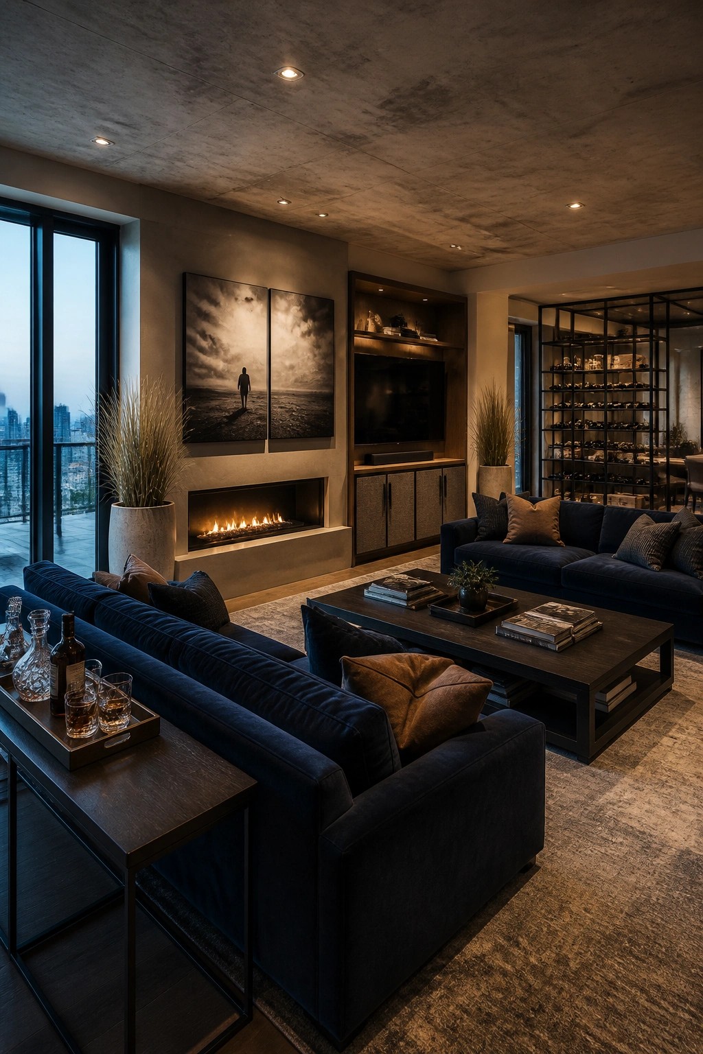 A contemporary living room with two navy sofas facing each other around a dark wood coffee table, a linear fireplace, and built-in cabinetry with a television.