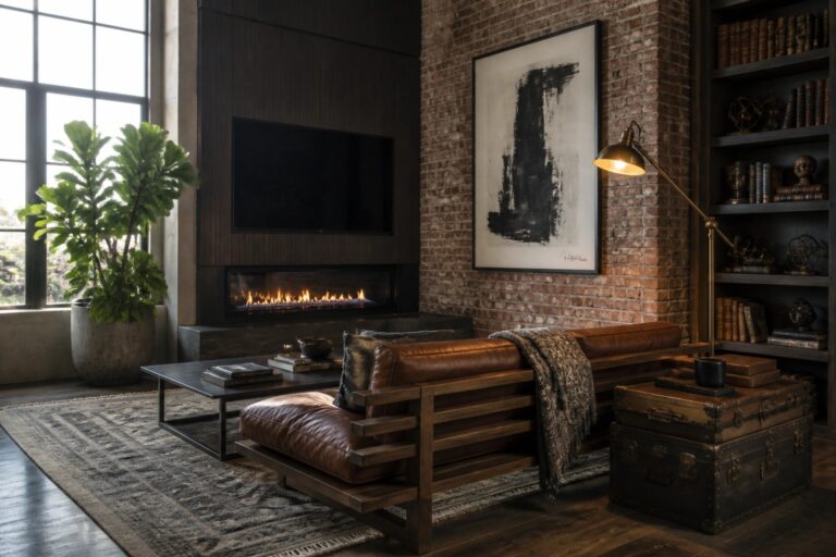 23 Contemporary Masculine Living Room Ideas with a Sharp Finish A living room with a brown leather sofa in front of a brick fireplace wall, a dark coffee table on a patterned rug, and a large window with potted plants nearby.
