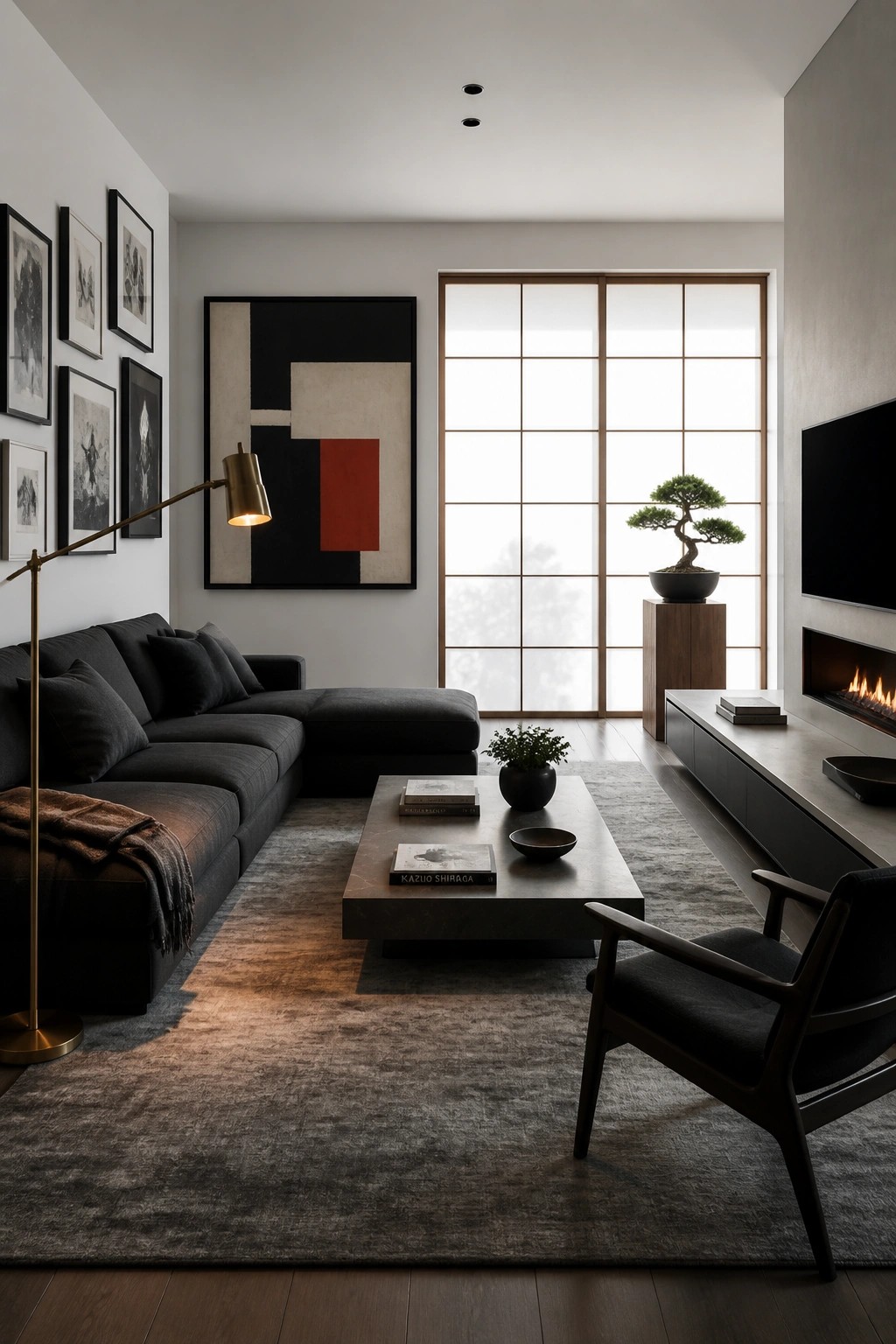 Modern living room with dark sectional sofa, abstract art, bonsai, and shoji doors.
