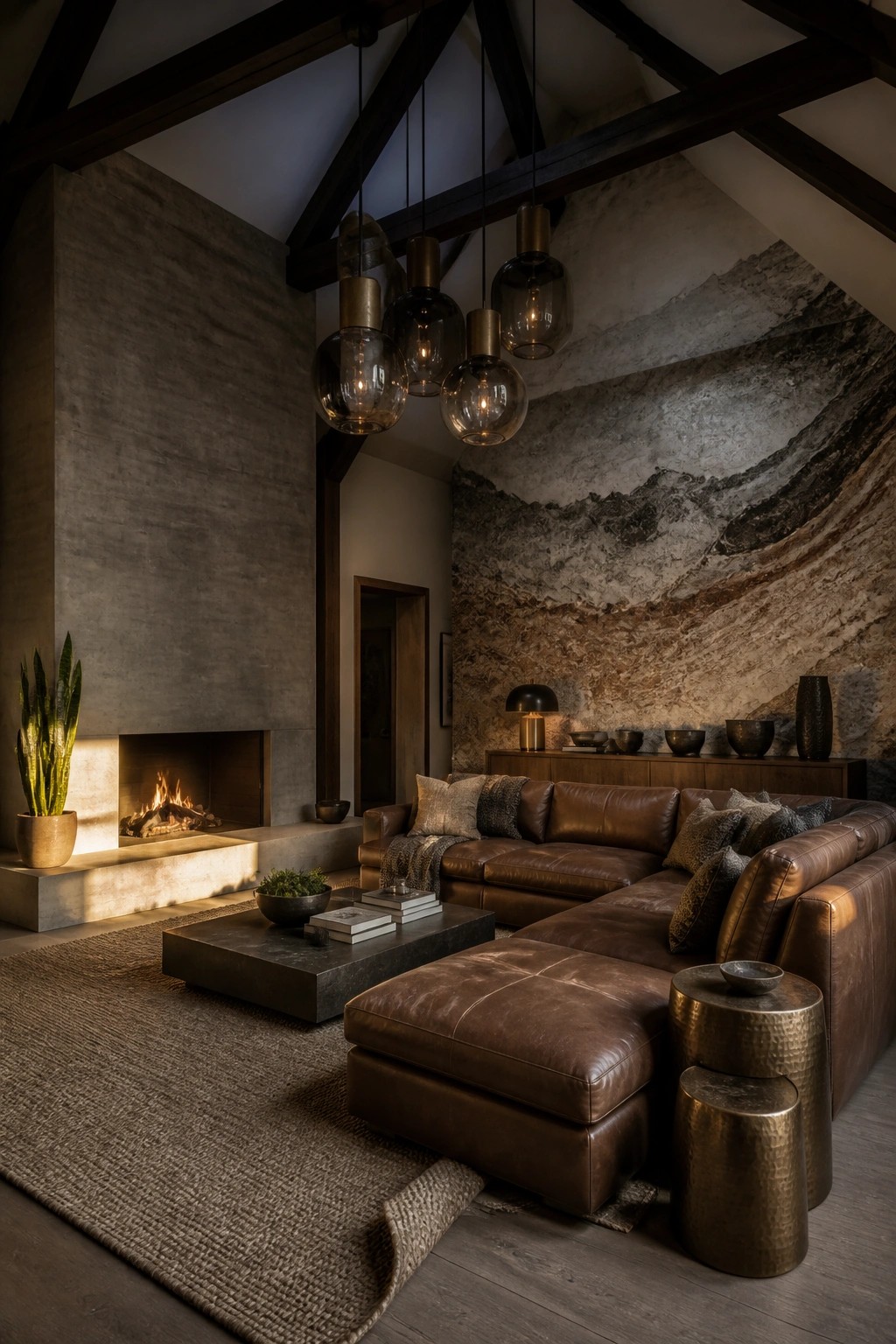 A living room with a large brown leather sectional sofa, concrete fireplace, textured stone accent wall, and multiple glass pendant lights.