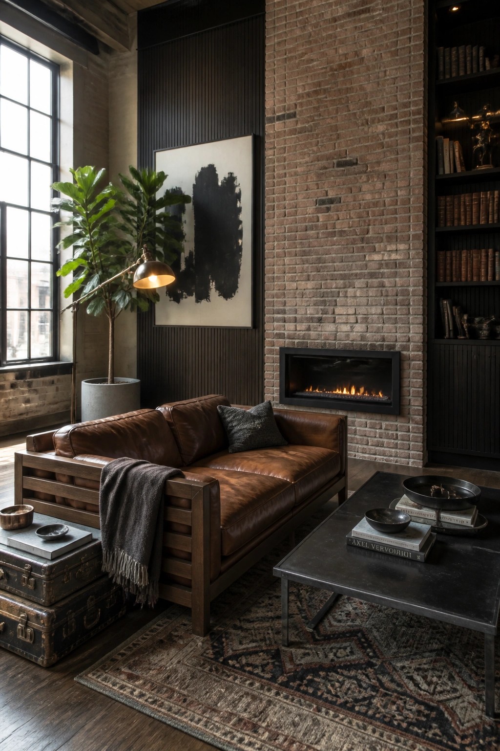 A living room with a brown leather sofa in front of a brick fireplace wall, a dark coffee table on a patterned rug, and a large window with potted plants nearby.