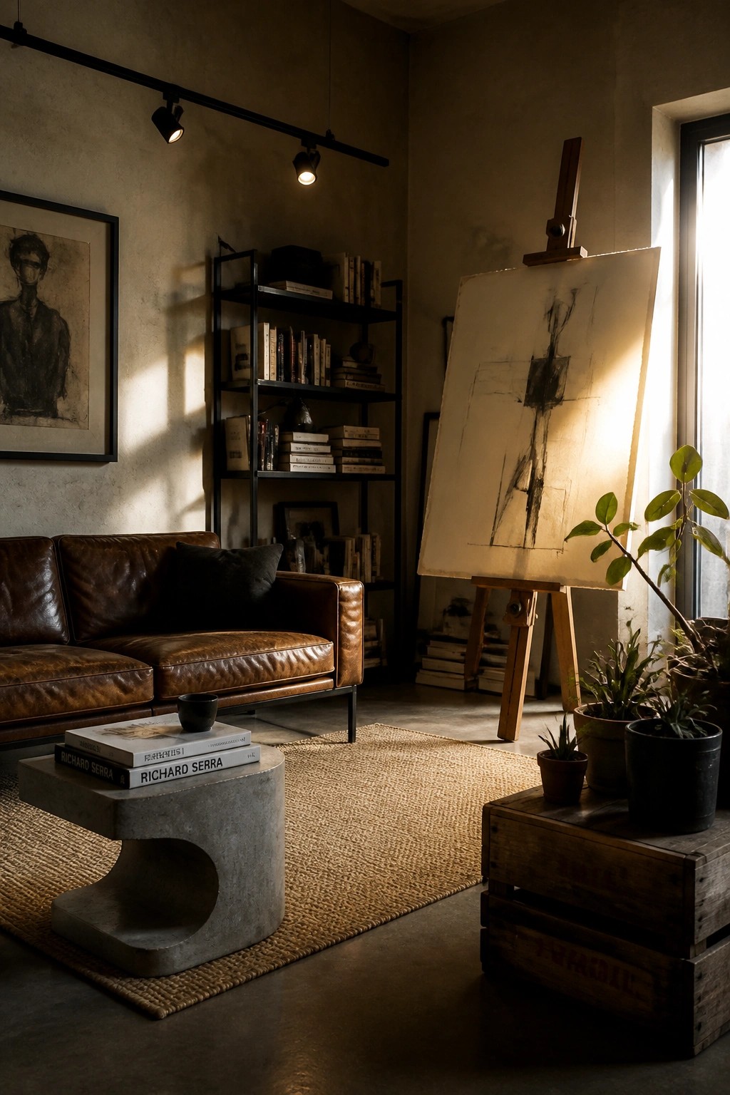A living room with a brown leather sofa, a sculptural gray concrete coffee table holding art books, black metal shelves, an easel with abstract art, and potted plants on a woven rug.