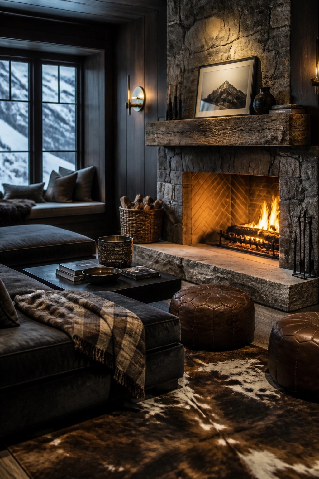 A dark masculine living room centered on a large stone fireplace with a wooden mantel, leather ottomans, and a window seat overlooking snow.