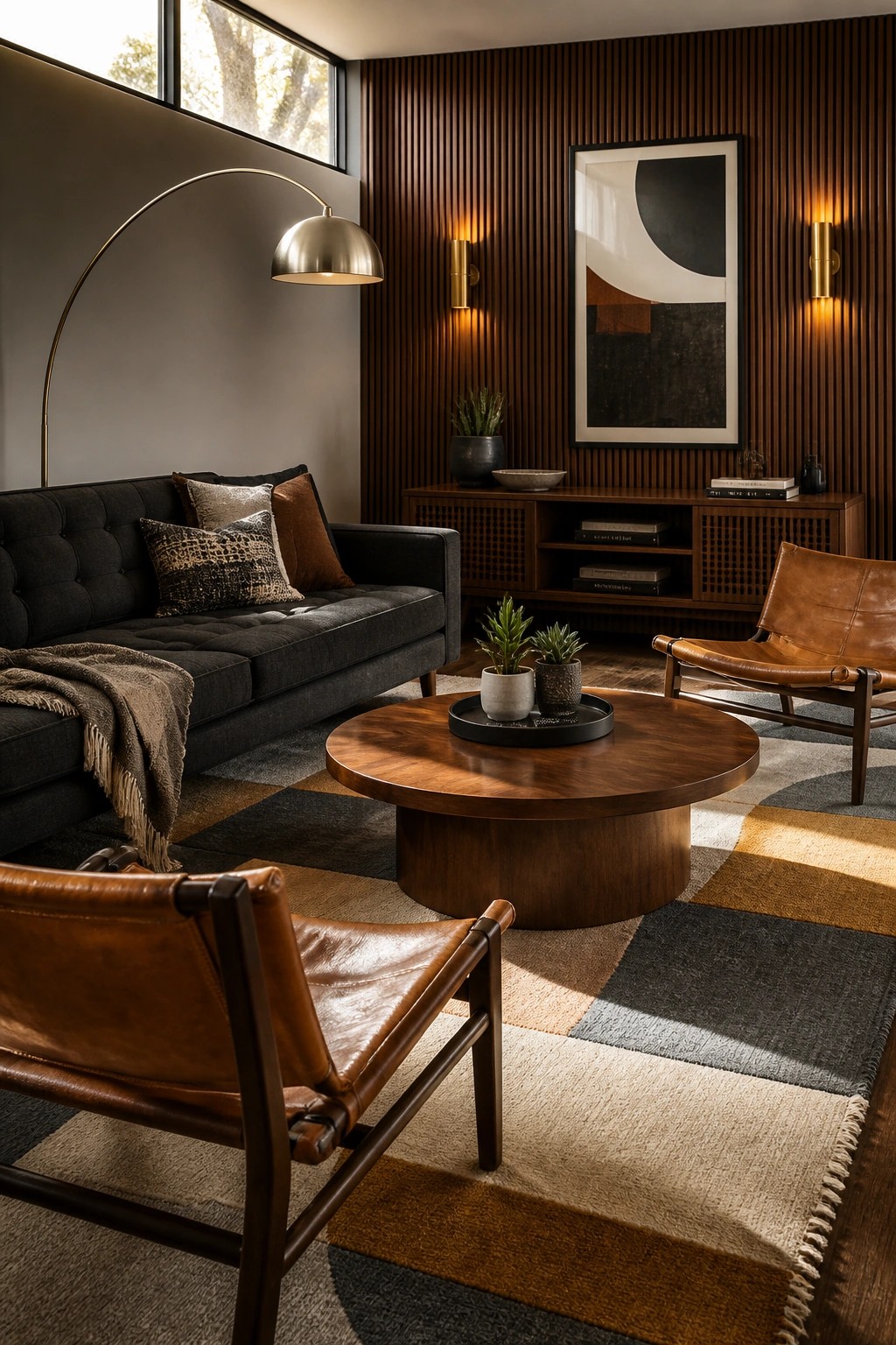 A contemporary living room with vertical dark wood slat accent wall, black tufted sofa, brown leather chairs, round wood coffee table, and geometric area rug.