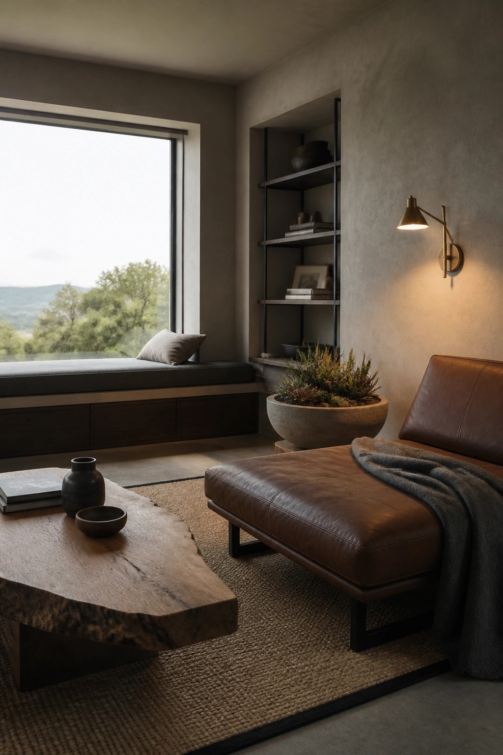 A modern living room with a large window, cushioned window bench with dark wood storage below, built-in shelves, brown leather ottoman, wooden coffee table, and wall sconce.