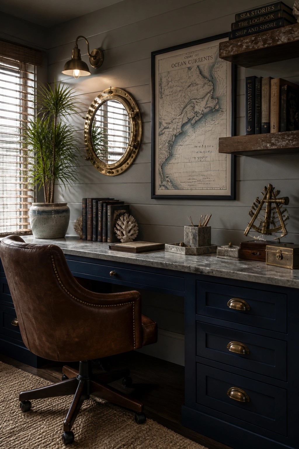 A home office featuring a navy blue desk with a gray marble top, a brown leather office chair, a large framed nautical chart on the wall, and a brass porthole mirror above a potted plant.
