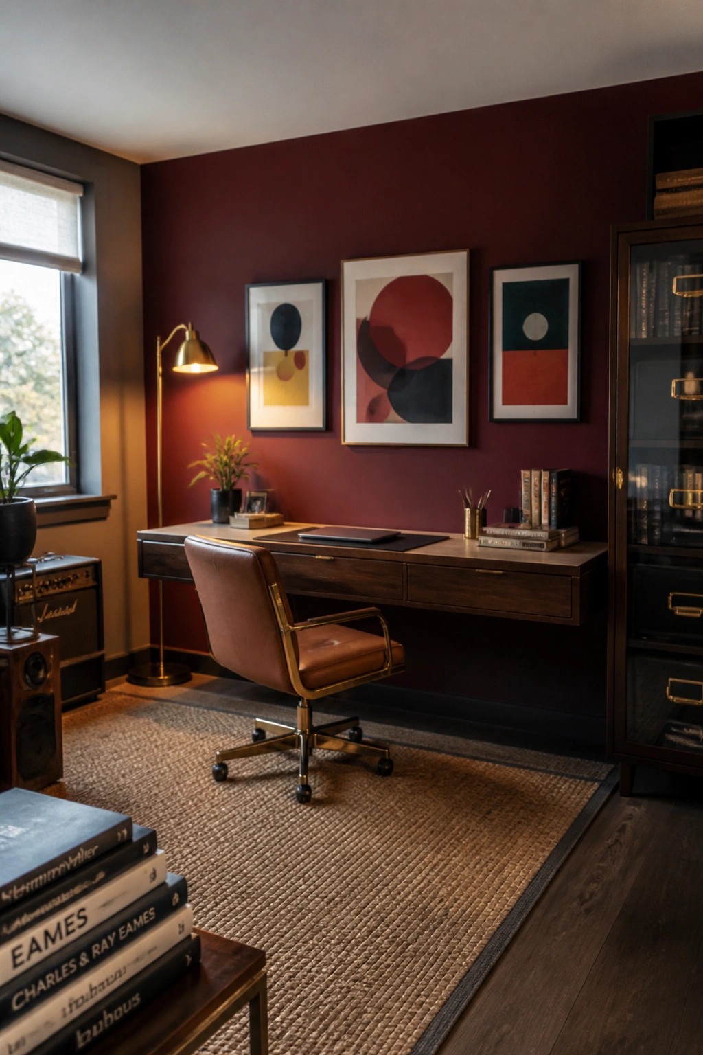Modern office with red wall, floating desk, leather chair, and abstract art.