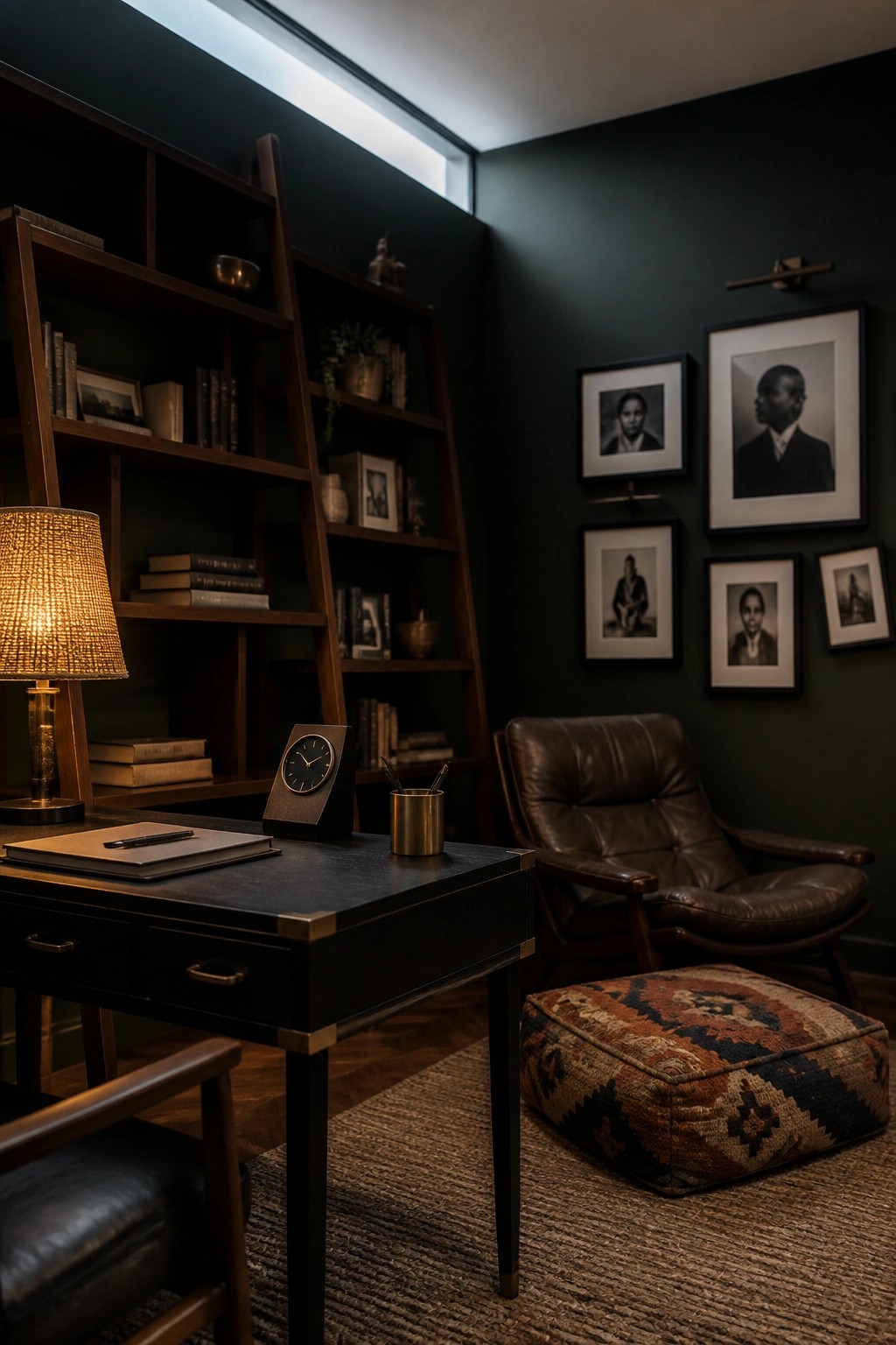 A home office with dark green walls, a black desk, wooden ladder bookshelf, brown leather chair, and a gallery wall of black and white framed portraits.