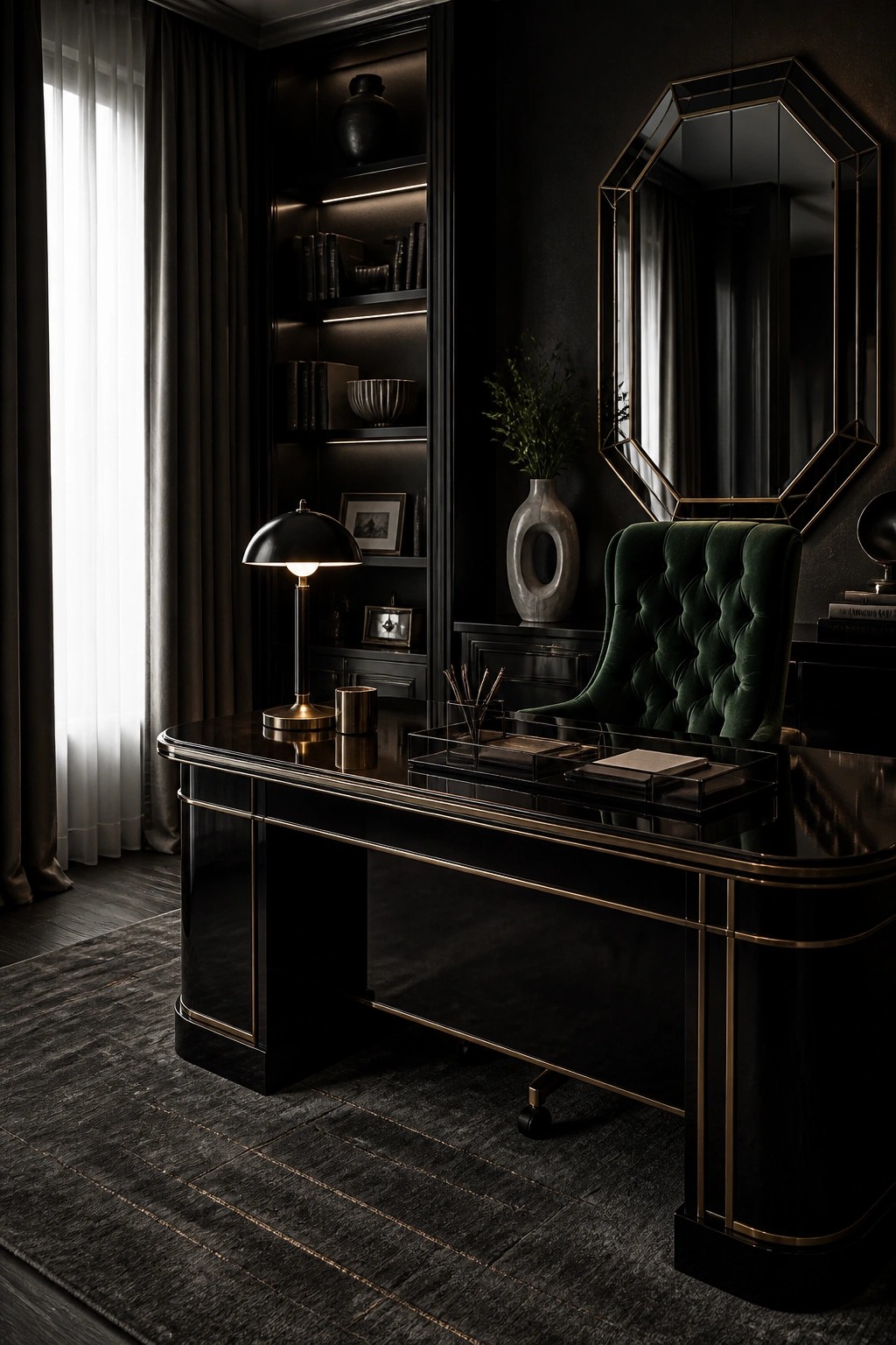 Luxurious dark office with glossy black desk, green velvet chair, and gold accents.
