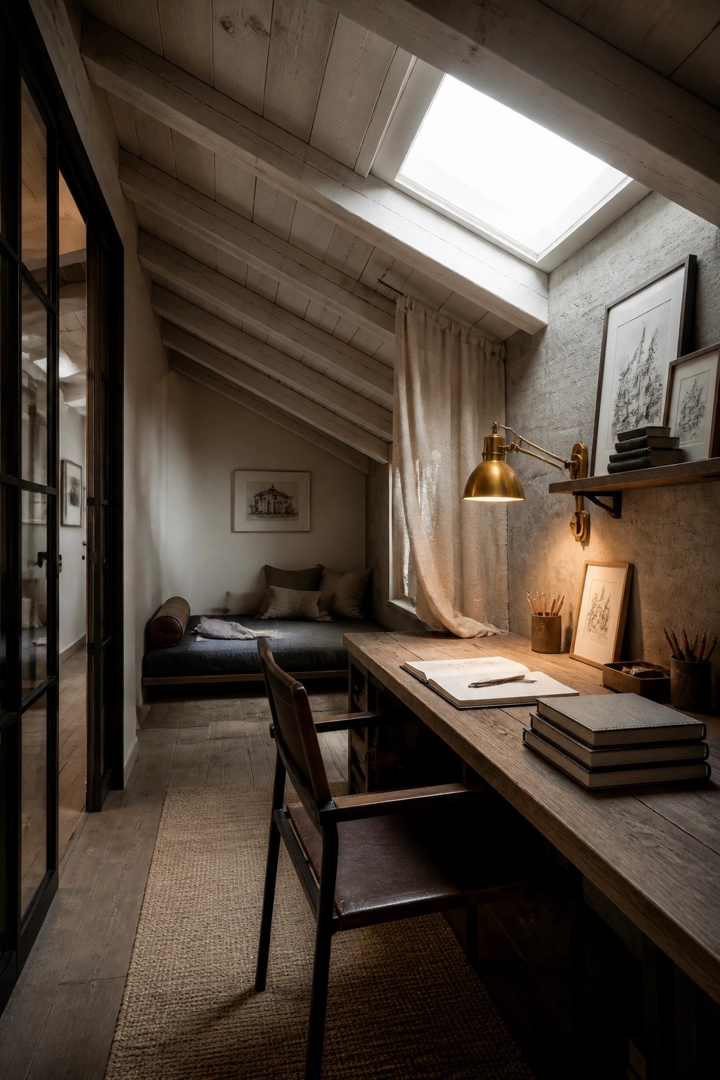 An attic home office with a long wooden desk holding an open notebook and stacked books, a leather chair on a rug, a brass wall lamp, and a daybed beneath a skylight.