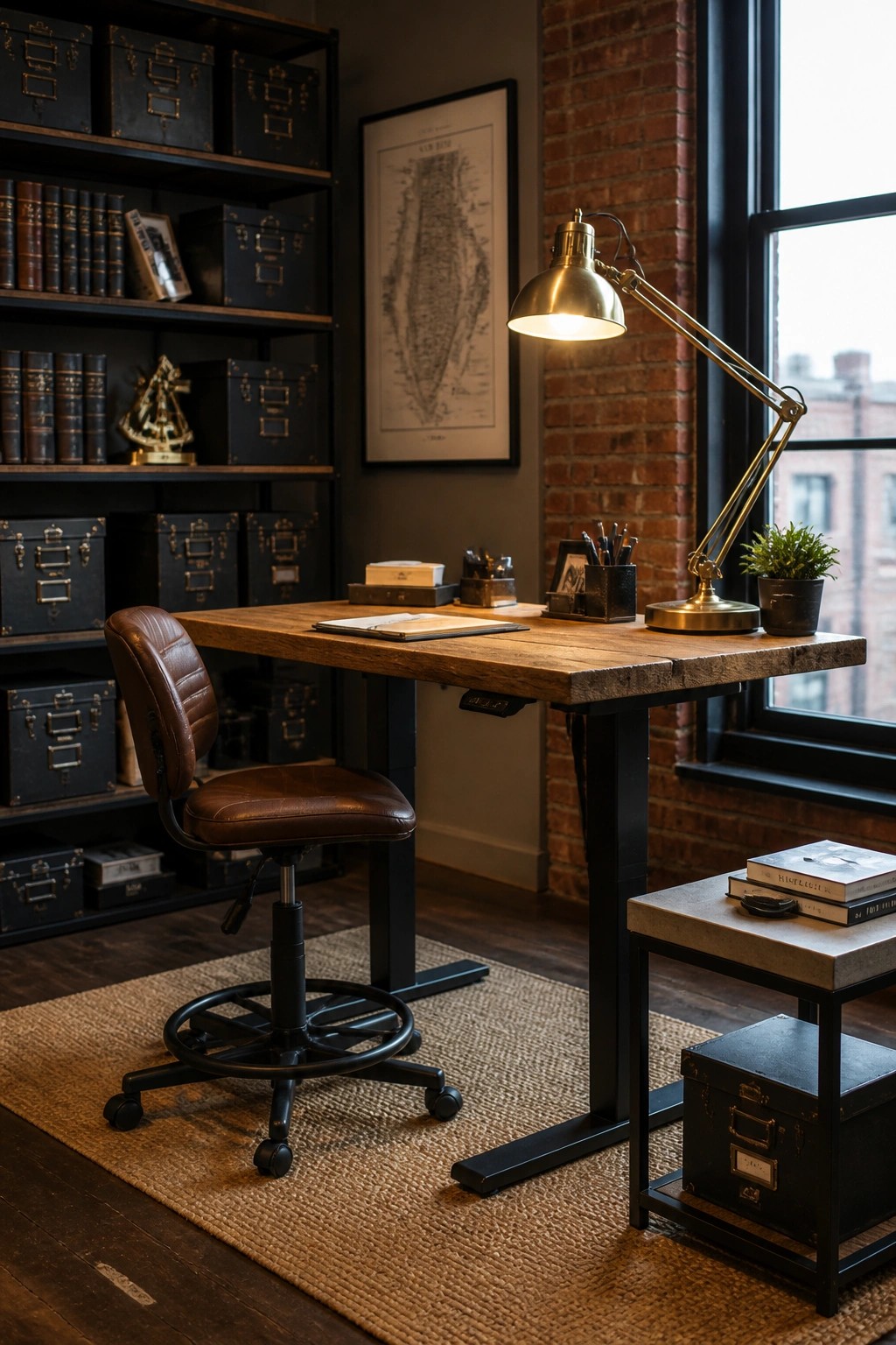A wooden desk with black metal legs sits on a woven rug in a home office with a brown leather chair, black shelving, and a brick wall.