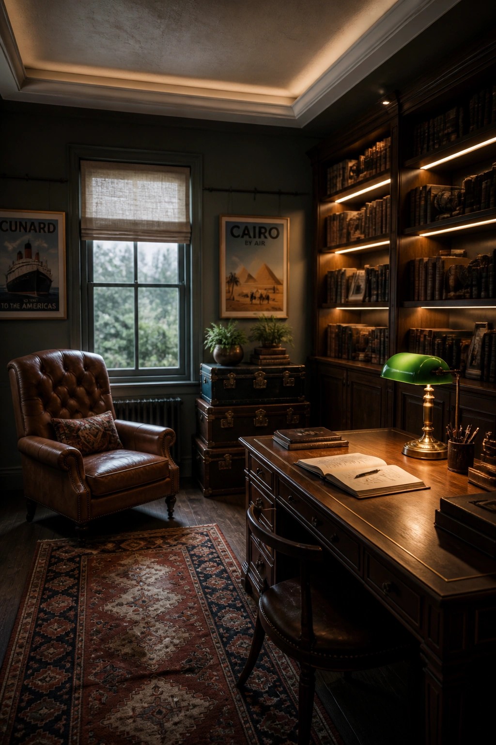 A dark wood home office with built-in bookshelves lit from above, a large wooden desk, a brown leather armchair, and vintage travel posters on the walls.
