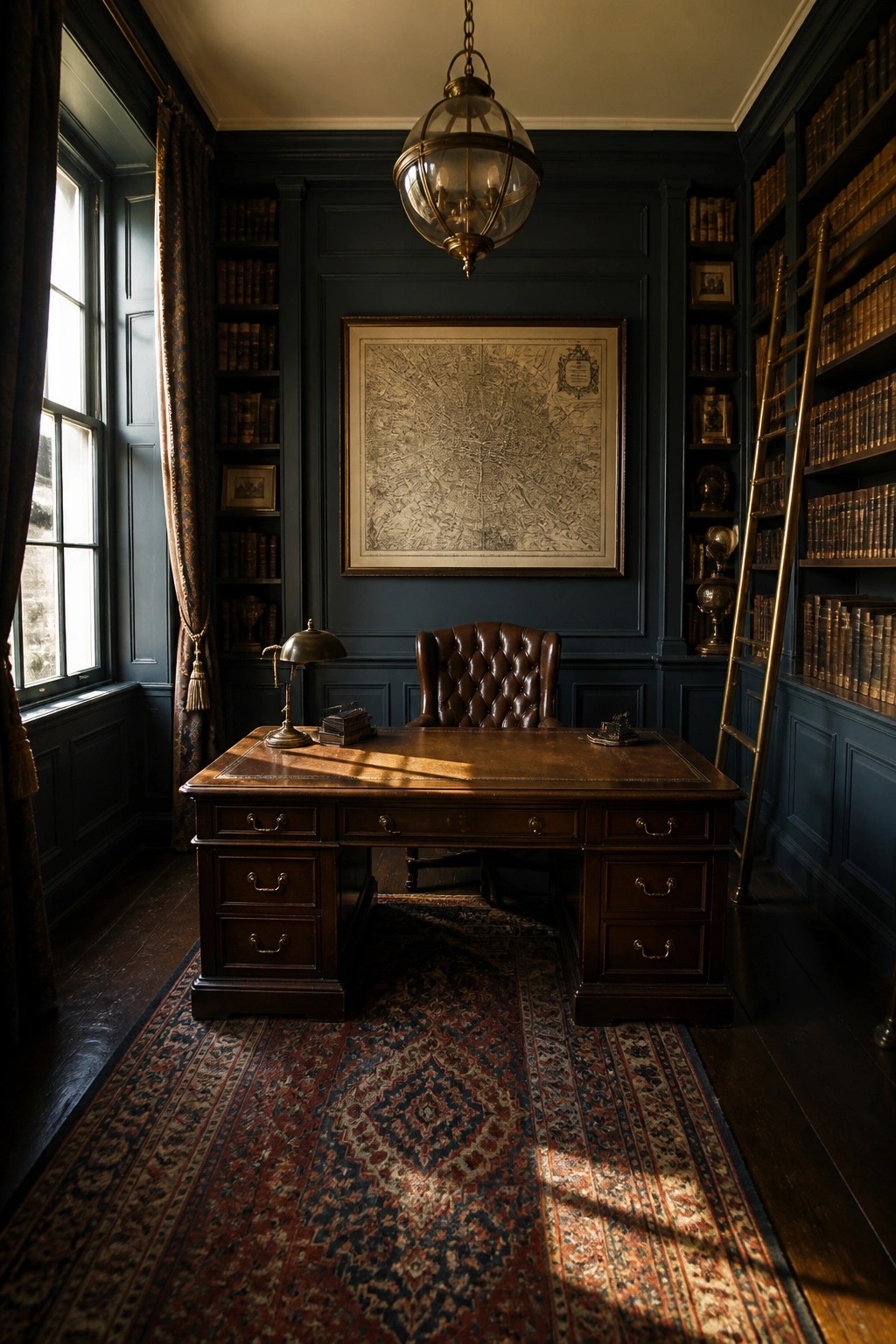 A dark blue home office with a large wooden desk, brown leather chair, built-in bookshelves filled with books, and a large framed map on the wall.