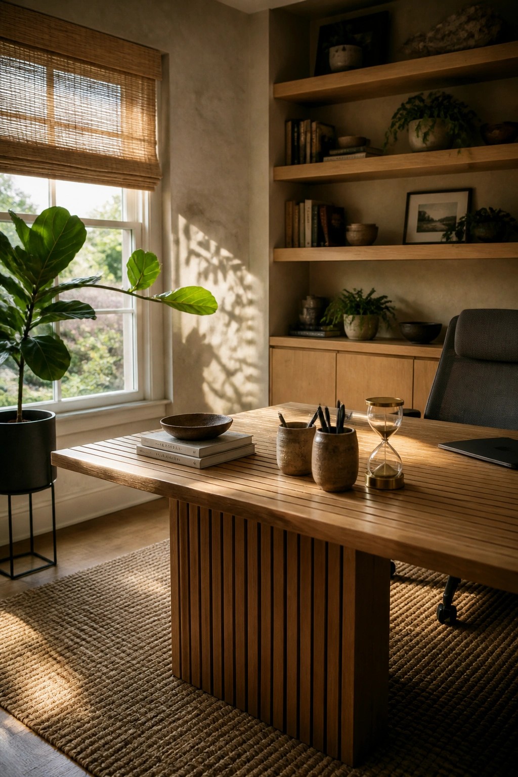A wooden desk with vertical slats sits in front of built-in floating shelves holding books, plants, and small decor, with a large potted plant near the window.