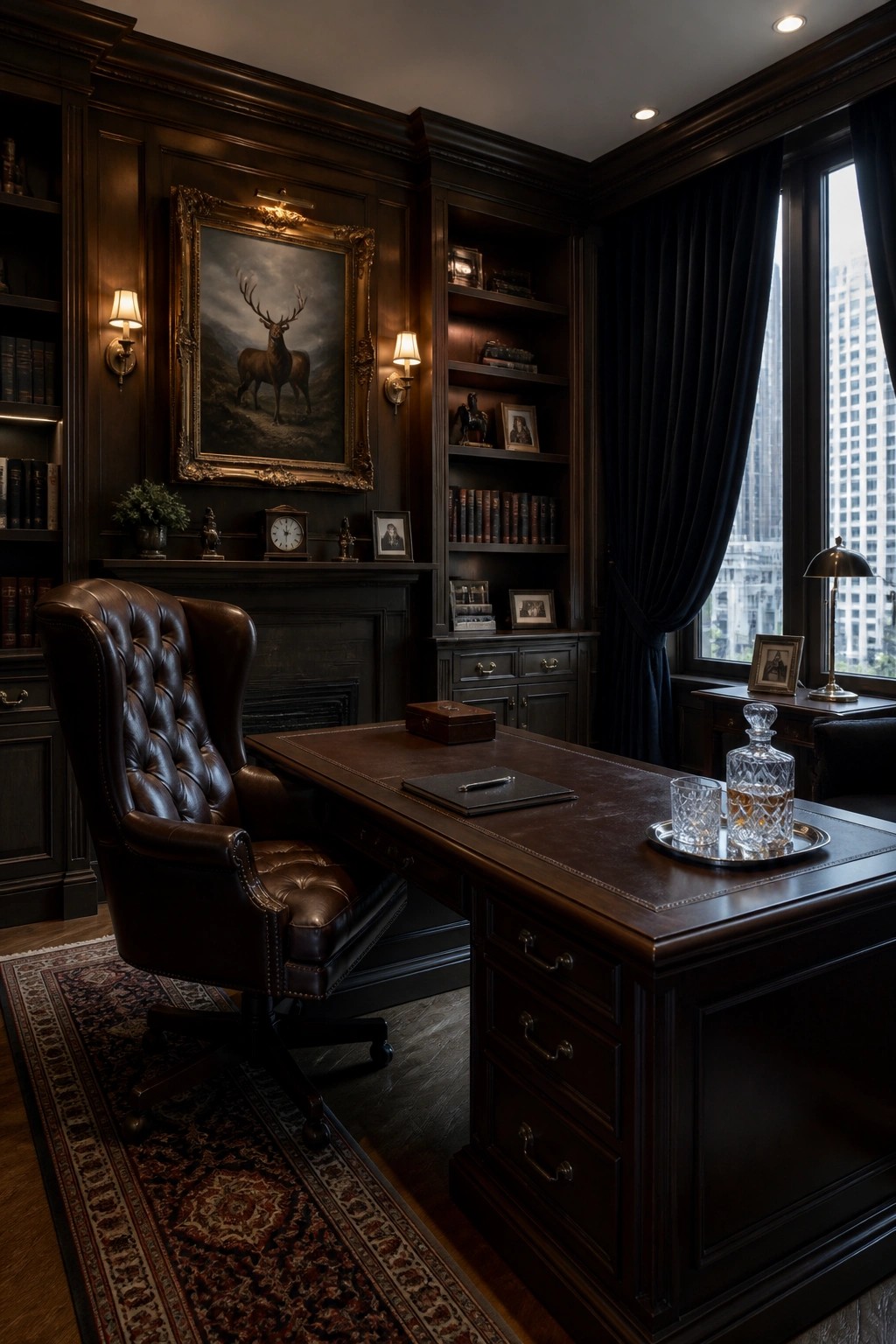 A dark wood home office with a large executive desk, brown leather chair, built-in bookshelves, and a framed painting of a stag above a fireplace.
