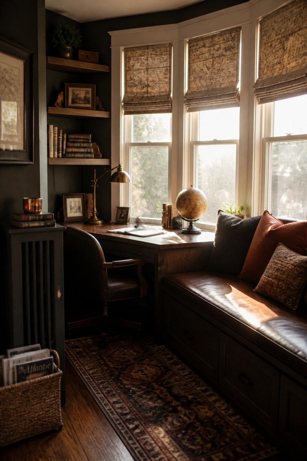 A dark masculine home office featuring a wooden desk with a leather chair, a built-in window bench with cushions, and built-in shelves on the left wall.