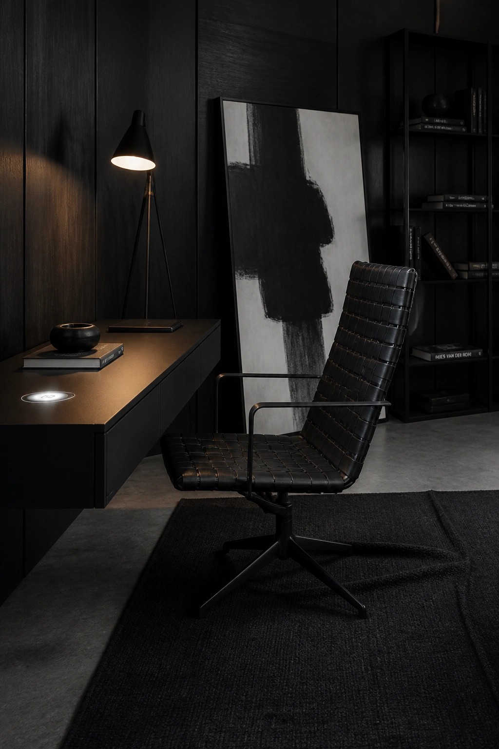 A modern home office with black walls, a floating desk, a woven leather swivel chair, a tripod floor lamp, and a large abstract black and white painting.