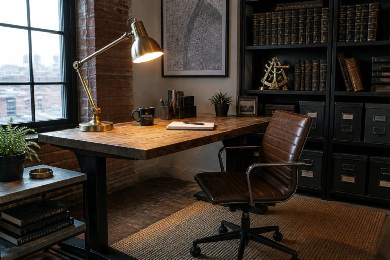 23 Creative Masculine Home Office Ideas That Add Personality Without Chaos A wooden desk with black metal legs sits on a woven rug in a home office with a brown leather chair, black shelving, and a brick wall.
