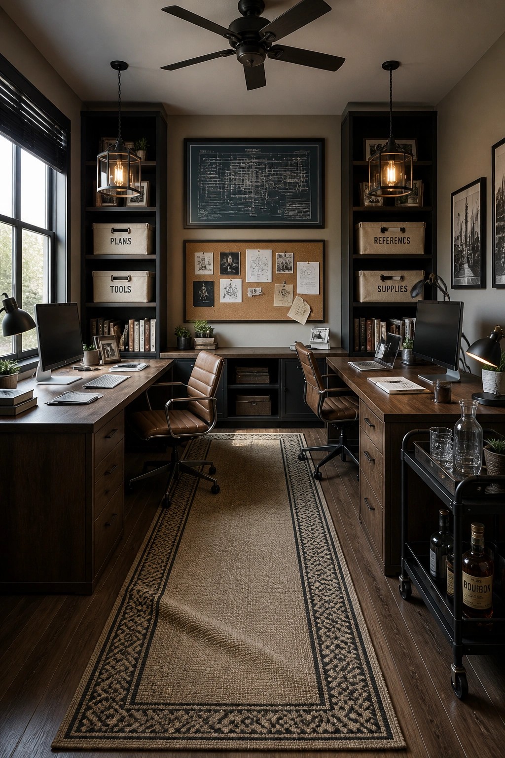 A masculine home office featuring two wooden desks with brown leather chairs, dark built-in shelves holding labeled canvas bins, a large blueprint on the wall, and a long patterned runner rug between the desks.